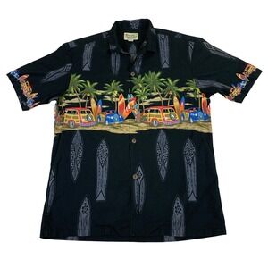 Royal Hawaiian Creations Mens Medium Black Woodie Wagon Surfboard Aloha Shirt